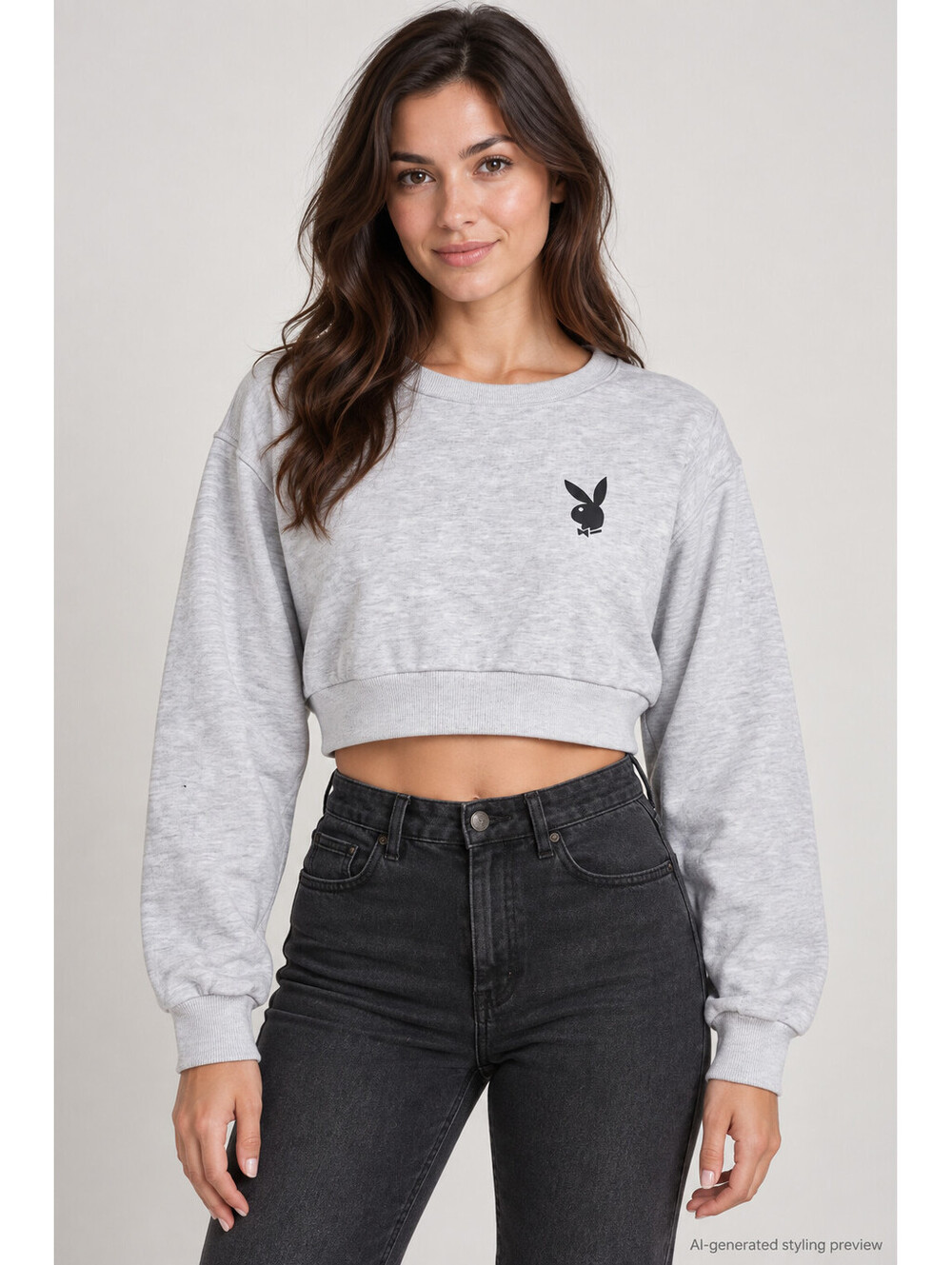 Playboy Womens Large Gray Cropped Sweatshirt Bunny Logo Crewneck Long Sleeve Top